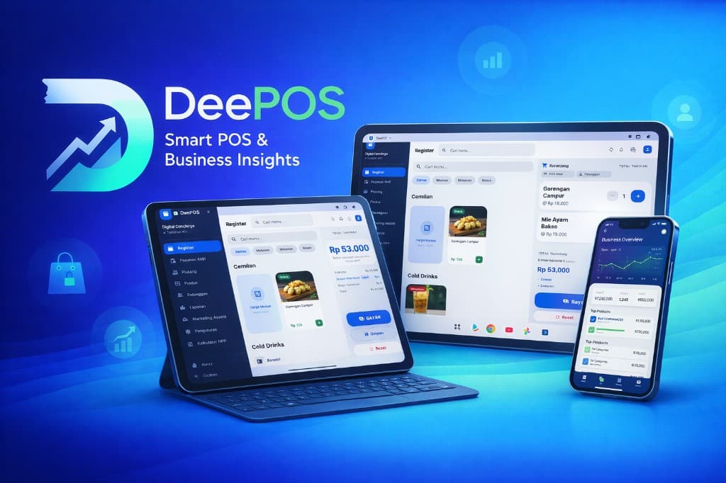 Tampilan layar kasir DeePOS di tablet dan mobile — transaksi, laporan, dan manajemen menu